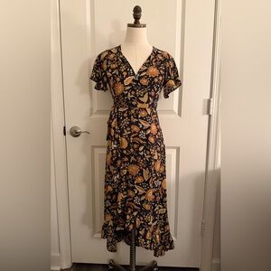 Blue Rain Navy and Gold Floral Midi Dress